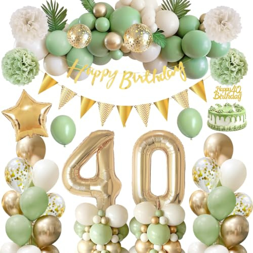 40. Geburtstag Deko für Frauen Männer, 63Pcs Salbei Grün Party Dekor Set | 32Inch 40. Geburtstag Ballon, Star Folienballon, Grün Gold Weiß Luftballons, Banner, Cake Topper