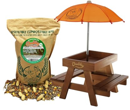 Chubby Wooden Squirrel Picnic Table Feeder With Umbrella & 2Kg Squirrel Food
