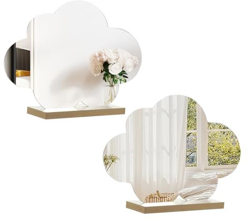 HERKINDNESS 2 Pezzi Specchio da Tavolo, Forma Irregolare Specchio da Trucco, Acrilico Senza Cornice Specchio da Scrivania, Specchio Trucco da Tavolo con Base in Legno per Camera da Letto, Hotel