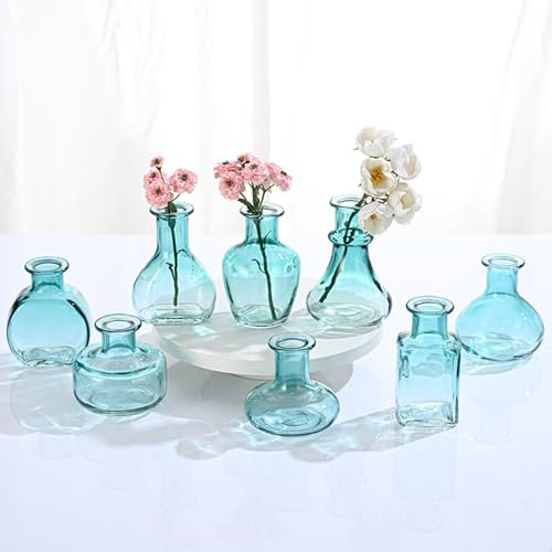 8 Stück Kleine Glasvasen für Tischdeko Mini Vasen Set, Blau