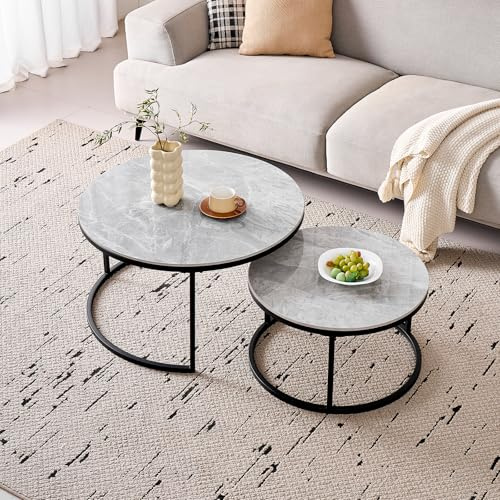 GrandCA HOME Tables Basses Rondes gigognes, Lot de 2 avec Cadre en métal Noir pour Salon Moderne, Tables d'appoint en Pierre frittée et marbre Gris de 60 cm et 80 cm