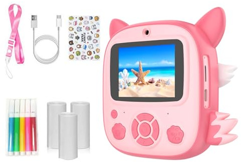 Stampa istantanea della macchina fotografica per i bambini con 3 rotoli di carta fotografica in silicone Animal Design 1080P Video Doppio obiettivo Viaggi amichevole 48MP bambini Stampa istantanea