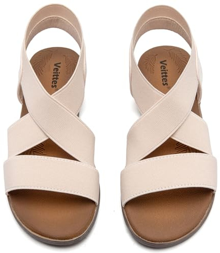 Veittes Women's Flat Slide Sandals - Fashionable Elastic Ankle Strap, Comfort Soft Sole Summer Casual Sandals.