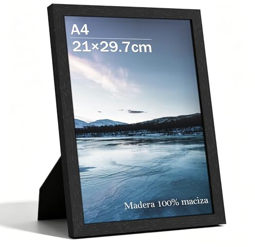 Bilderrahmen A4 (21 x 29,7 cm) Schwarz aus Massivholz mit gehärtetes Glas | 100 % Massivholz Rahmen mit Hartglas für DIN A4, zum Aufstellen oder Aufhängen, ideal für Fotos, Urkunden und Kunstdrucke.