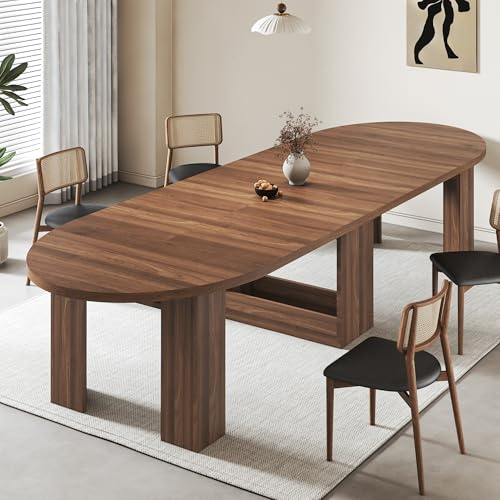 47-118 Inch Round Extendable Dining Table for 4-12, Kitchen Table with Wood Strip Base, Modern Oval Dining Room Table for Kitchen Living Room, Walnut