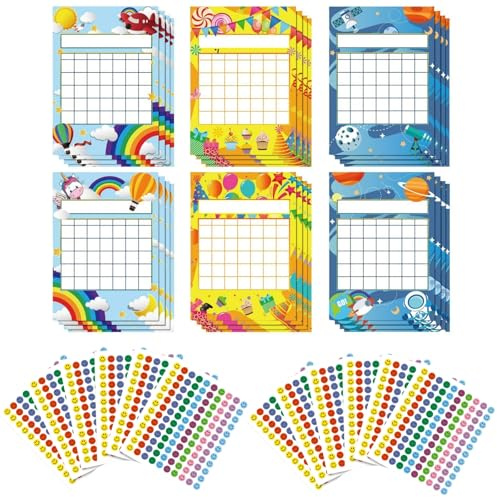 TUKNN Gráficos de Incentivos para el Aula, Tablero de Recompensas para Niños, Cartas de Recompensas, Tabla Recompensa, Tabla de Recompensa, con 1440 Pegatinas de Sonrientes, 24 Piezas