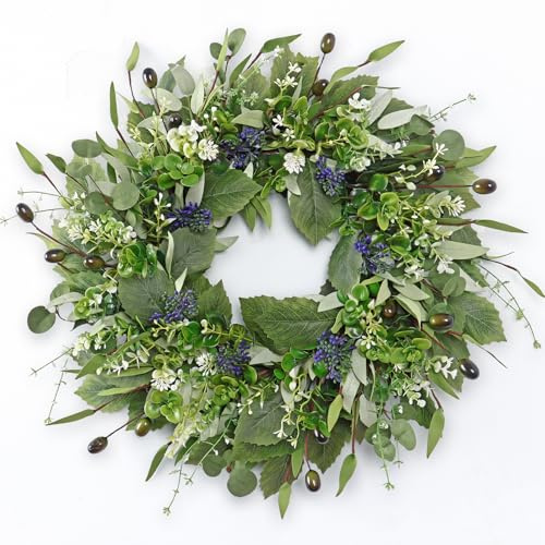 ASTNIC Spring Door Wreath for Front Door, 20.5 inch Green Artificial Wreaths with Eucalyptus Olive Boxwood Leaves, Lifelike Door Wreaths Outdoor All Year Ramadan Decorations for Home, Farmhouse Decor