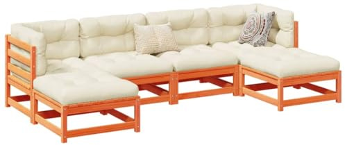 Salon de jardin 6 pièces en pin massif marron cireux avec coussins épais, design modulaire pour un arrangement flexible pour votre terrasse