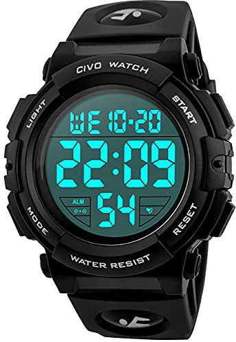 CIVO Mens Digital Sports Watches Military Big Numbers 50M Waterproof Large Face Army Wrist Watch LED Back Light Casual Watch for Men Rubber Black