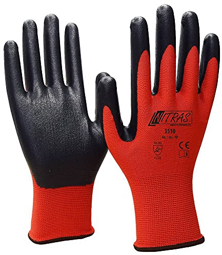 Nitras-Nylonhandschuhe.,Nitrilschaum beschichtet schwarz/rot 12 Paar.Gr.10…