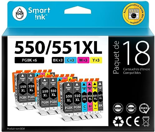 Smart Ink Kompatibel Druckerpatronen als Ersatz für Canon PGI 550XL 550 XL CLI 551XL 551 (6 PGBK & 3BK/C/M/Y 18 Multipack) für Canon PIXMA iX6850 MG5650 MX725 MG6650 MG6450 MX925 iP7250 MG5550 drucker