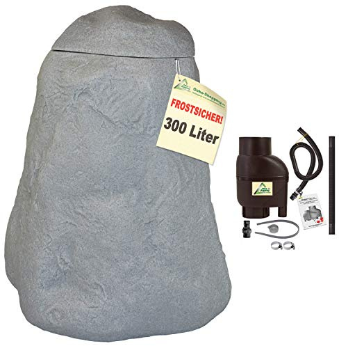 Regentonne, Regentonnen, Regenspeicher, Regenbehälter, Fels 300l grau mit Befüll- und Entnahme-Set braun FROSTSICHERES Regenfass Wassertonne mit Deckel und Wasserhahn DAS ORIGINAL
