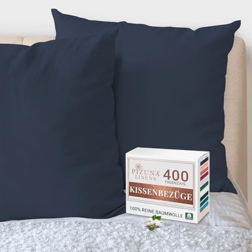 Pizuna 2er Pack Kissenbezug 80x80 cm Baumwolle Dunkelblau 400 Fadenzahl | Luxuriöser Soft-Satin 2er Pack Kissenbezüge, 100% Langstapel Baumwolle Nur Kissenbezug (Dunkelblau 80x80 cm) Mako Satin