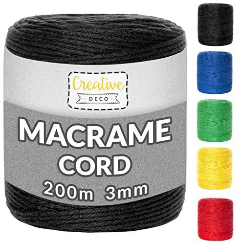 Creative Deco 3mm x 200m Corde Macramé Fil de Coton Noir | +/- 0.5 mm d’Épaisseur | Ficelle de 15 Plis | Cordelette Naturel | Cuisine, Jardin, Decoration, Jardinage, Emballage Cadeau, Bricolage