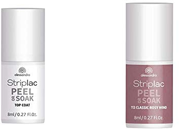 alessandro Striplac Peel or Soak Top Coat – LED-Überlack für eine perfekt glänzende Farblackierung – 1 x 8ml & Striplac Peel or Soak Classic Rosy Wind – LED-Nagellack in klassischem Taupe – 1 x 8ml