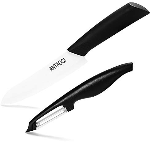 ANTAOCI Haushaltsküchenmesser, Kochmesser Set, 15,2 cm Keramikmesser mit Schutzhülle und vertikalem Keramikschäler, Schälmesser, Fleischmesser, Obst- und Gemüsemesser (schwarzer Griff)