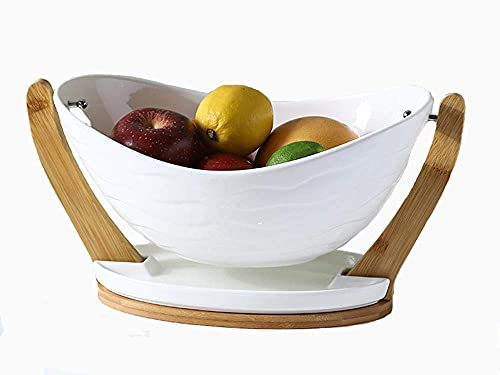 BERTY·PUYI Corbeille À Fruits Bol À Fruits en Céramique Panier À Fruits À Balançoire Amovible avec Support en Bois pour Légumes Collations Aux Fruits Décoration De Salon De Cuisine.-White