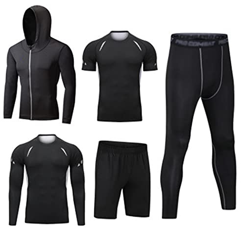 HZQIFEI 5 Pezzi Completi Sportivi Abbigliamento Uomo Abbigliamento Sportivo Giacca con Cappuccio Camicie a Compressione Pantaloni a Compressione Pantaloncini Set