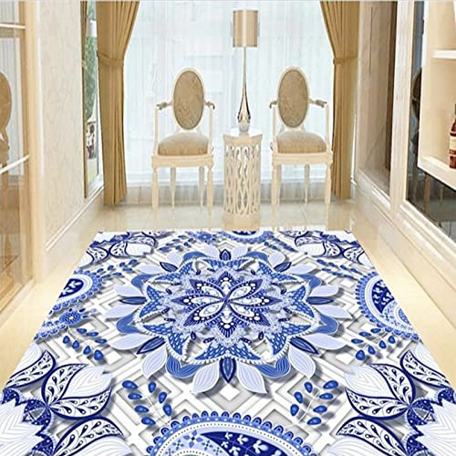 makeups69 Teppich Quadratisch rutschfest waschbarer, Teppiche Orientteppich Webteppich Kurzflorteppich für Wohnzimmer Schlafzimmer Esszimmer，Orientalische traditionelle Blaue Blumen 150 x 150 cm