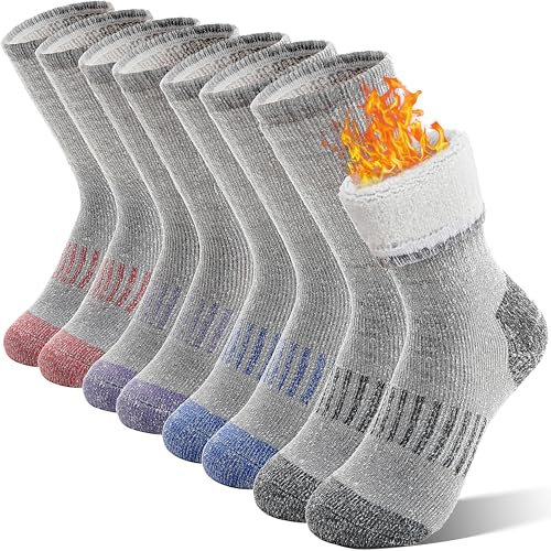 Kinder Merino Wollsocken Wandersocken Thermosocken Warme Dicke Wintersocken für Jungen Mädchen Winter Sportsocken Geschenke Kindersocken 4 Paar (Lila/Blau/Rot/Grau, 8-12 Jahre)