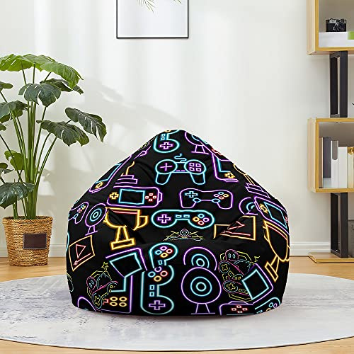 FANSU Bean Bag Cover Without Filling, Gaming Bean Bag Chair for Adult Kids, Highback Beanbag Seat, Stuffed Toy Clothes Storage 3D Game Machine Print Lazy Sofa (80x90cm,Neon game machine)