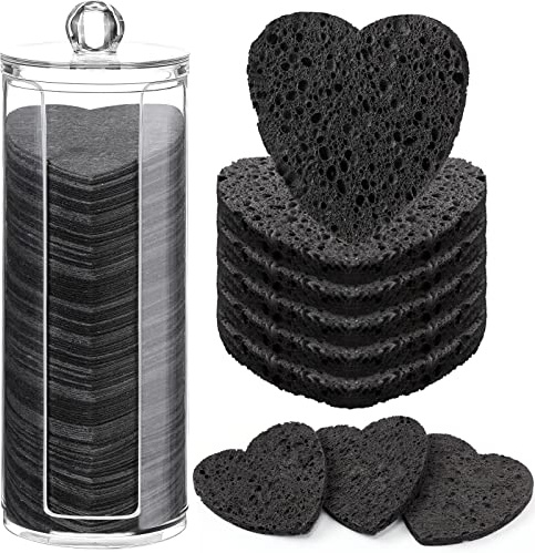 Sieral 120 Pcs Compressed Facial Sponges for Women with Container Disposable Face Sponge Pads for Washing Face Cleansing Exfoliating Esthetician Makeup Removal(Heart,Black)