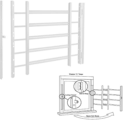 Grisham PP SPAG Window Security Bars with Quick-Release Egress, (White, 5Bar)22''H x 22''- 42'' Adjustable Width Window Safety Guards for Children, Tubular Steel, Rust Resistant