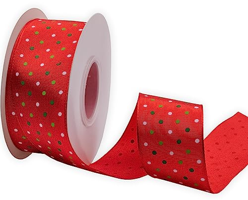 XMLMSH Multi Dots Wired Edge Ribbon,1-1/2 Inch,10 Meters Spool,Red with Christmas Dots,Use for DIY Gift Wrapping Wreath Floral Arrangement Bow Decoration