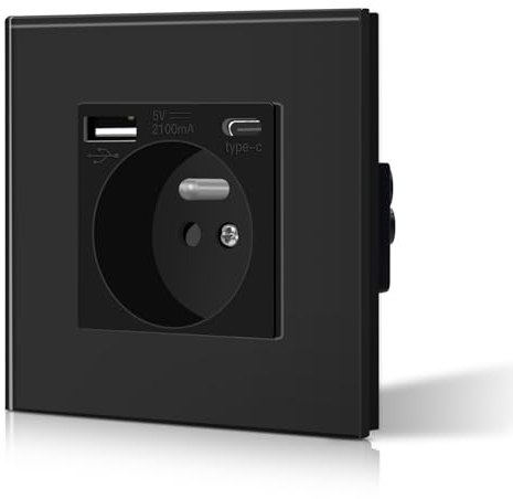BSEED Prise Murale avec USB et Type C, Prise de courant en Verre avec USB 2.1A courant 16 Amp 240V 86mm Noir