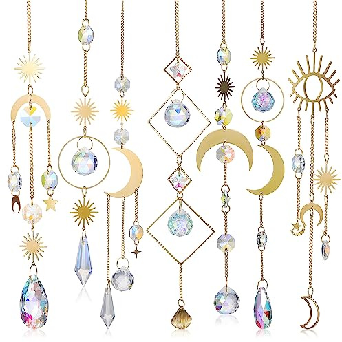 Amosfun Kristall-Sonnenfänger Set Mit 7 Hängenden Windspielen Aus Weißem Kristall Und Legierung Für Fensterdeko Innen Und Außen Garten Dekoration Mit Stern- Mond- Und Sonnenmotiven