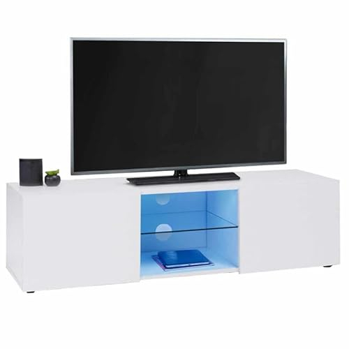 IDMarket - Meuble TV 113 cm ELI Blanc étagère en Verre avec LED