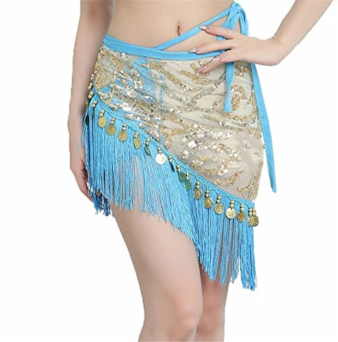 QUNINE Bauchtanzgürtel für Damen, Hüfttuch, Damen-Bauchtanzkleidung, Fransen, Netz, Paillettenbasis, Dreiecksgürtel, Hüfttuch (blau, Einheitsgröße)