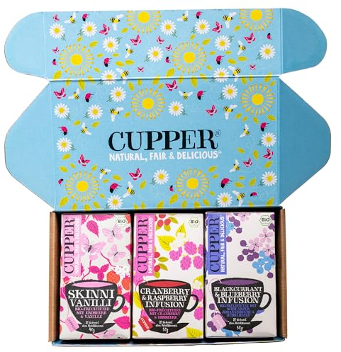 Cupper Bio Tee Set Fruity, Tee Geschenkset, Früchtetee, drei verschiedene Sorten, 60 ungebleichte, plastikfreie Teebeutel, 3er Pack