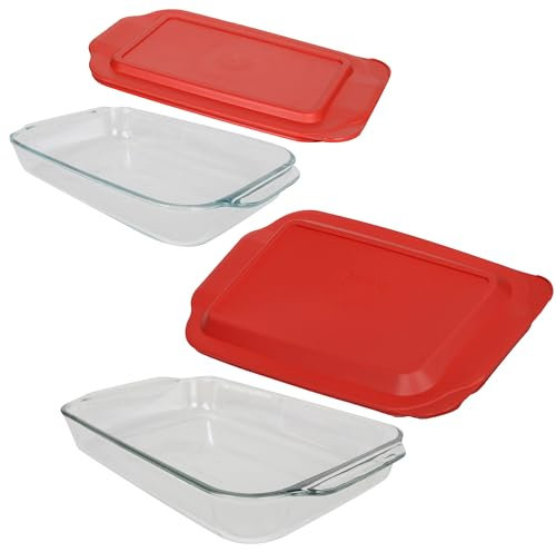 Pyrex 233 3qt & 232 2qt teglie da forno in vetro con 233-PC & 232-PC coperchi rossi – Made in USA