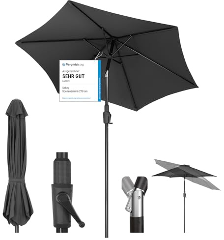 Sekey Parasol 220 cm avec Manivelle et Basculement Auto - Ombrelle pour Terrasse, Balkon & Jardin - Windproof UPF 50+