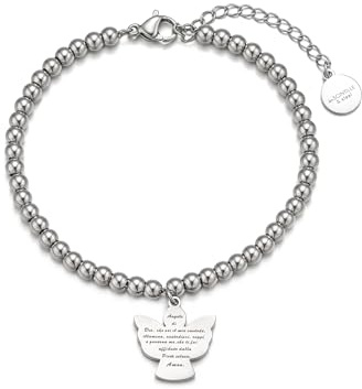 inSCINTILLE Bracciale Donna Bambina Unisex in Acciaio Inossidabile con Ciondolo Angelo Custode | Bracciale a Sfere Regolabile 17-21 cm | Idea Regalo con Confezione Premium