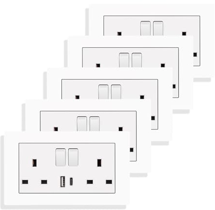 JIMEIDA 5 Pack 13A Double Switched Socket with USB, LED & 2 USB Ports White | 5 Pack, 13A, 250V, 2x USB (A+C) 3.1A, Double Switched, LED Indicator, Fireproof PC, 146x86mm, White