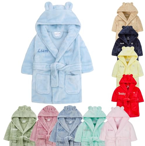 Baby Girl Boy Personalised Dressing Gown Bathrobe Hooded Bear Ear(Blue Bear Ear, 6-12 Months)