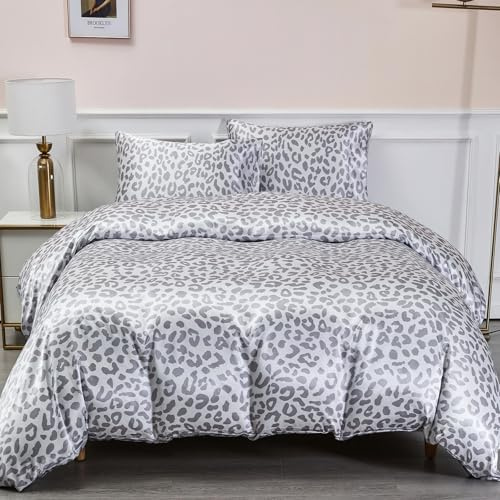 DuShow Satin-Bettwäsche-Set für King-Size-Bett, grauer Leopardenmuster, 3-teiliges Satin-Bettwäsche-Set (1 Bettbezug + 2 Kissenbezüge), weich, seidig, kühlendes Bettbezug-Set (Leopardenmuster,
