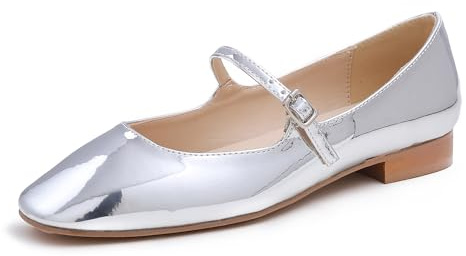 Feversole Dam Mary Jane mode fyrkantig tå lätt spänne låg klack dra på platta skor, Sq Maryjane silver vegan spegel stapel häl, 38 EU