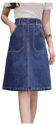 Damkjol I Jeanskjol Med Hög Resår I Midjan Loose Fit Enfärgad Jean-kjolar A-linje Knälång Kjol
