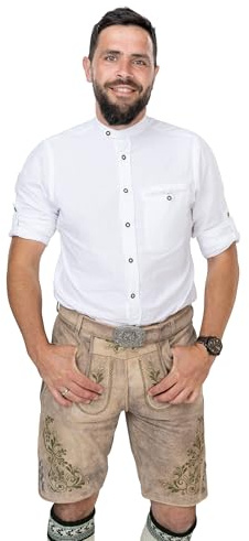 Schöneberger Trachten Couture Herren Lederhose kurz, Original Antik Wildbock Trachtenhose für Oktoberfest, grüne Stickereien, Franz