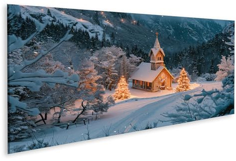 islandburner Prime Bild auf Leinwand Kleine Holzhütte mit beleuchtetem Weihnachtsbaum in verschneiter Waldlichtung Berge im Hintergrund Bilder Wandbilder Poster