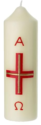 Weisse Osterkerze mit Alpha und Omega und Kreuz in modernem Stil, Rot und Goldfarben, 16,5x5 cm