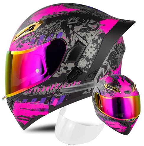 Casque Modulable XYYYM, Intégral Homme-Femme avec Double Visière, DOT/ECE 55-64cm, Rose, Motocyclette, Scooter, ATV
