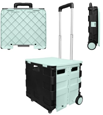 Berry 40 KG Foldable Shopping Trolley - Mint Green & Black, Plastic Trolley Cart with 4 Wheels and Lid, Portable Cart with Telescopic Handle, Multipurpose Utility Cart for Shopping, Teacher, Laundry