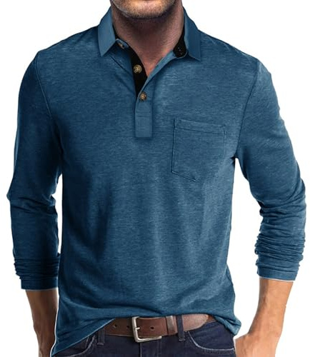 Poloshirt Herren Langarm Shirt Basic Baumwolle Langarmshirt mit Knopfleiste Mode Longsleeve Polohemd mit Brusttasche Leichte Sommershirt Regular Fit Polo Shirt Lässig Longshirt Einfarbige Oberteile