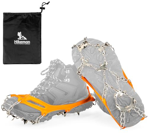 HIKEMAN Ice Cleats Traction - Removable Ice Snow Grips Anti-Slip Snow Shoe Spikes,19 Spikes Crampons for Boots for Walking,Jogging,Climbing and Hiking (Orange, L)