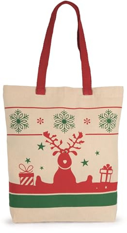 noTrash2003 Weihnachtliche Baumwolltasche Beumwollbeutel Einkaufsbeutel Stoffbeutel mit Weihnachtlichem Rentier Reindeer Motiv und langen roten Henkeln 38 cm x 42 cm Vegan und OekoTex zertifiziert