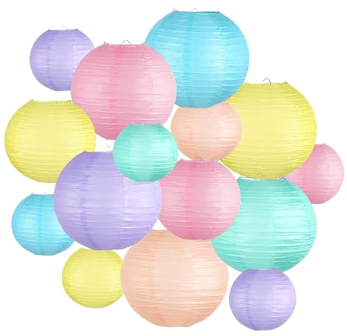 KAXIXI Pastel Paper Lanterns Decorative, Classroom Decor Macaron-Color Neon Hanging Paper Lantern Decorations for Easter Party Decorations, Baby Shower Wedding Birthday Mother's Day, 15Pcs